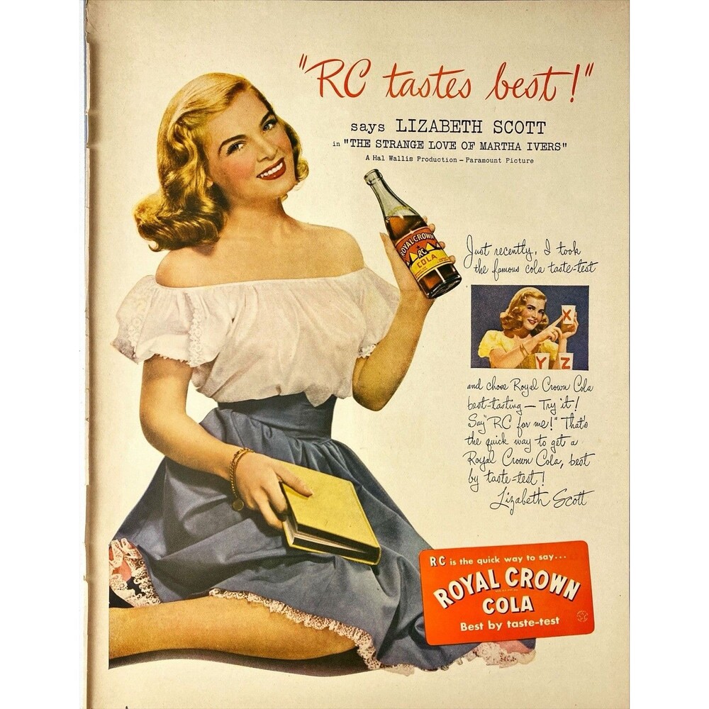 Royal Crown Cola "Lizabeth Scott says RC Tastes Best" Vintage Print Ad 1946